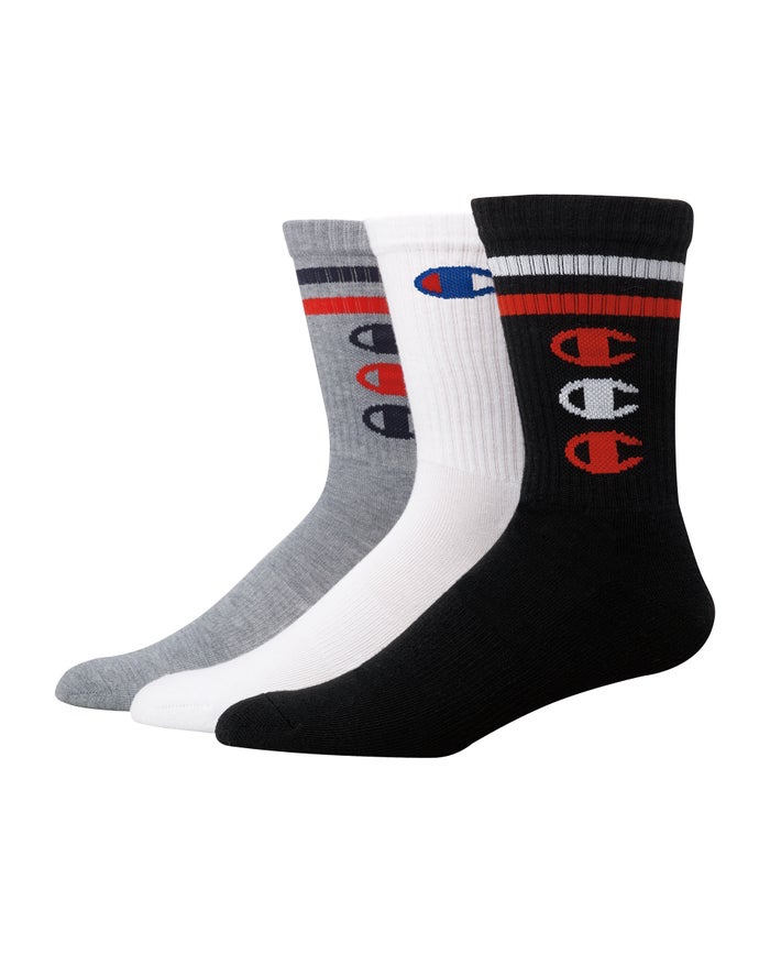 Champion Mens Socks NZ - Crew Triple C Logos 3-Pairs White/Black/Grey ( 7395-PVURC )